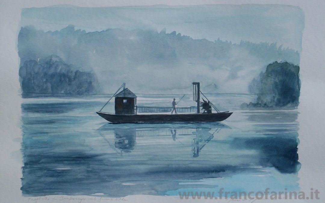 Traghetto di Imbersago sul fiume Adda (Acquarello)
